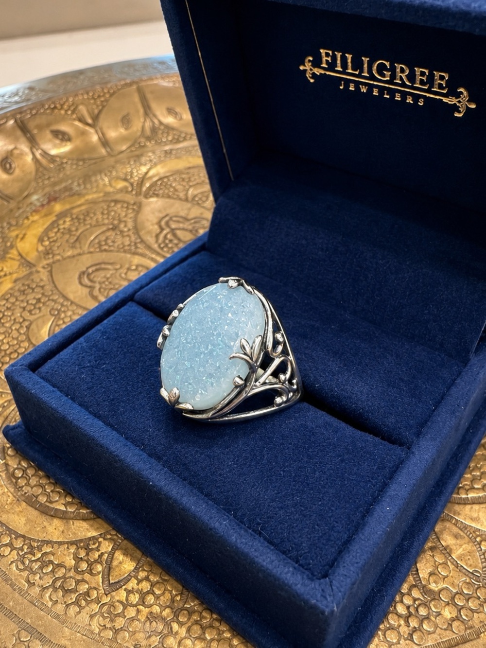 Vintage 925 Sterling Silver Blue Opal Statement Ring Size 6.75 Floral Vine